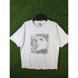 Vintage Jerzees Mens Size Large Eagle America Graphic T Shirt‎ White Heavyweight